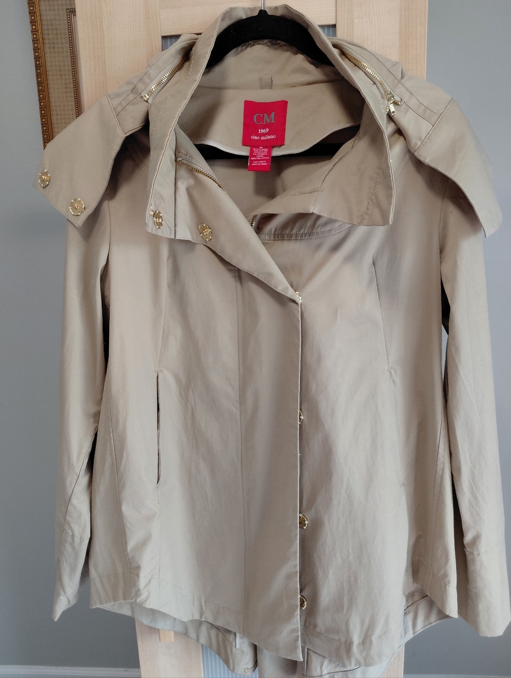 CM Beige Hooded Trench Rain Coat with Gold-Tone Buttons Removable Hood
